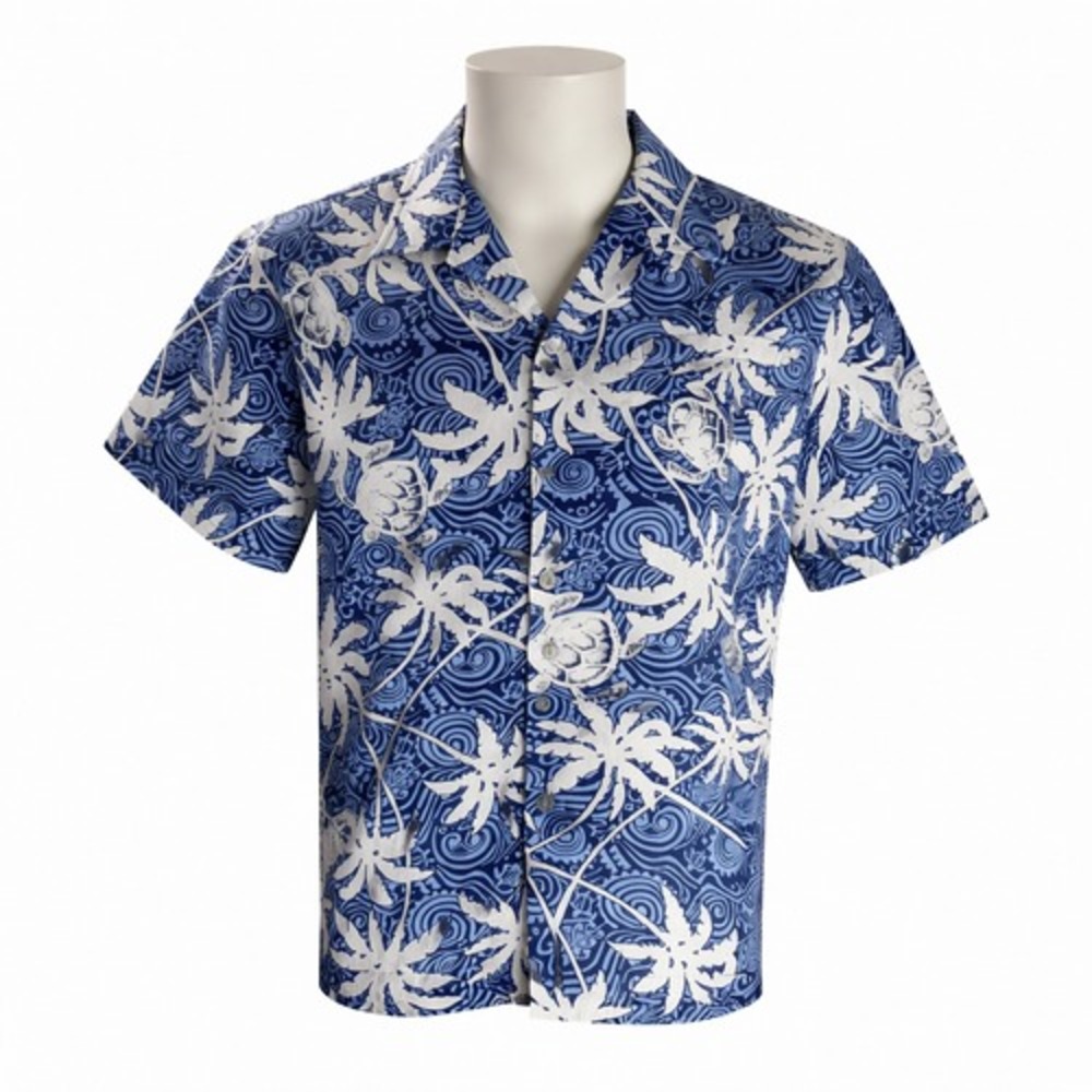 Howie Hawaiian Aloha Shirt Large Floral Tribal Sea Turtles Palms Blue NWOT